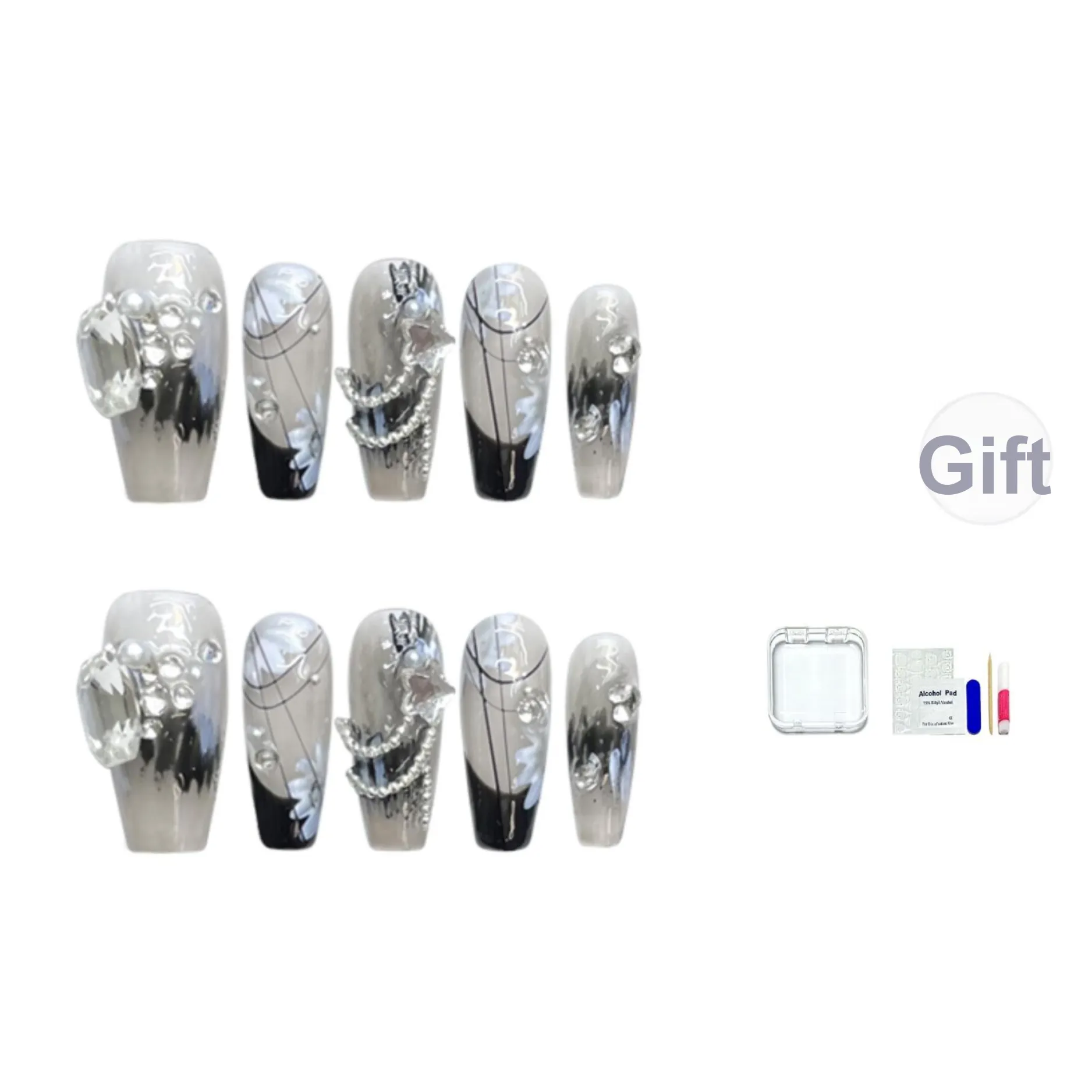 JINGCHANXUE Mystic Realm Cool Glitter Handcrafted False Nail Средний LADDER Black Smudge French 16mm