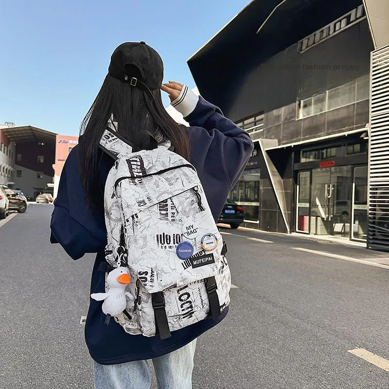 Yalu Nylon Backpack Unisex Black/White/Gray-7