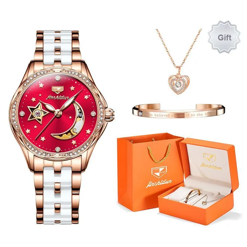 Jin Shi Dun Box Mechanical Movement Ceramic Strap Watch Women's Watch White Dial-7