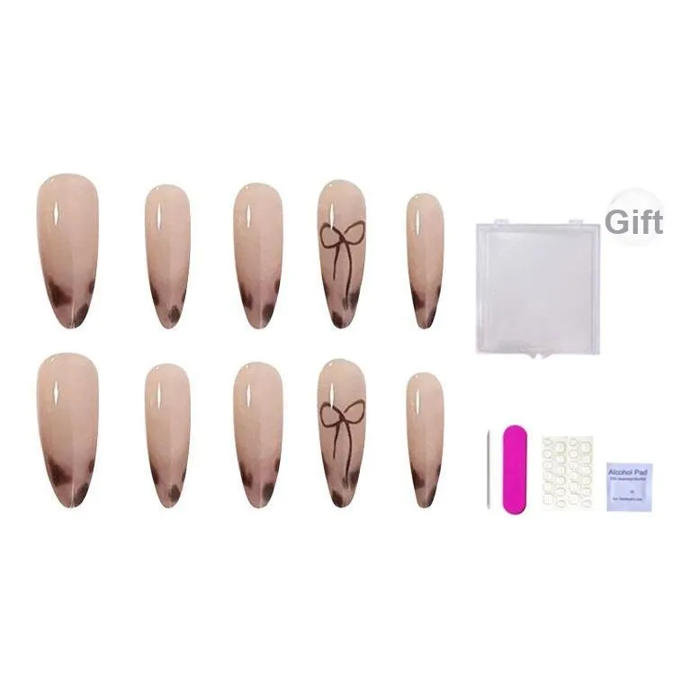 ORANOT False Nail Леопардовый принт Бант Милый Универсальный Ins Позиционирование стиля Миндаль Длинный Телесный Смудж Кокет 24мм