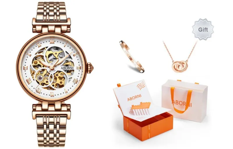 ABORNI Mechanical Movement Stainless Steel Watchband Watch Women's Watch Cut Out Dial-0