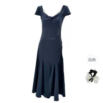 TUSHIFEI Short Sleeved Dress Women's Navy Blue+Hair Tie Comes With