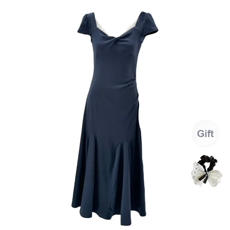 TUSHIFEI Short Sleeved Dress Women's Navy Blue+Hair Tie Comes With-0