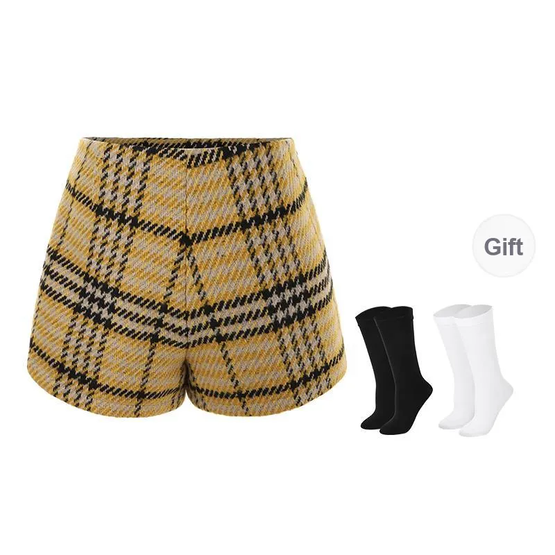 BSEVENI Casual Shorts Women's Yellow Plaid-1