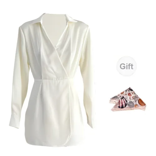 CPAURA Long-Sleeved Dresses Women's Cream White+Includes Silk Scarves Buy And Get