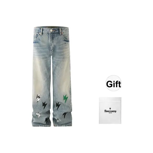 Amexnocap Lightning Patchwork Straight Fit Стираемые Джинсы Unisex Blue