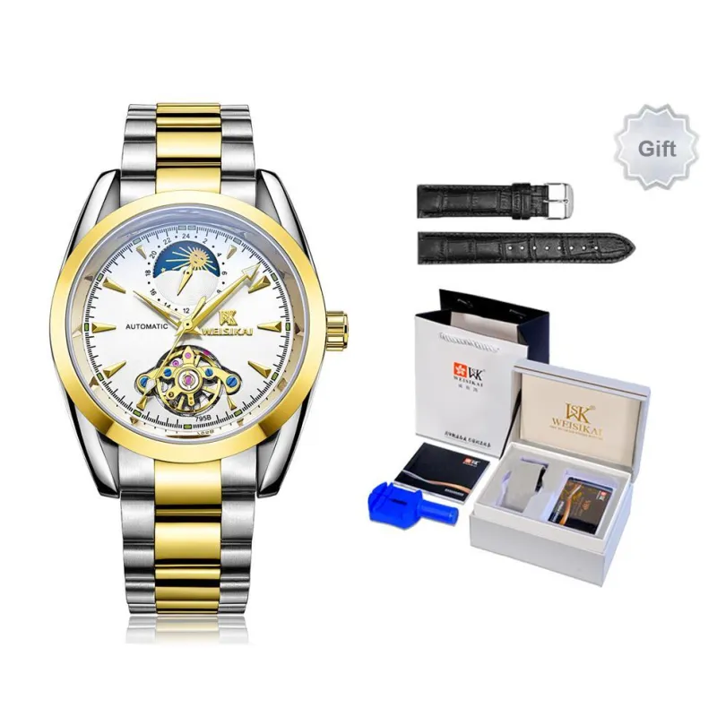 WSK Automatic Mechanical Movement Stainless Steel Watchband Men's Watches White Dial-2