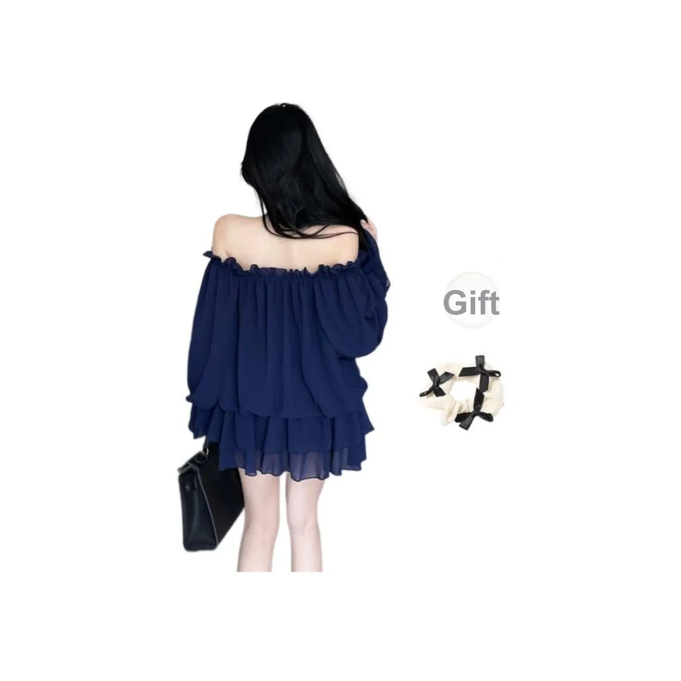 TURN UP Long Sleeved Dress Women's Klein Blue+Bowknot Hair Tie Comes With