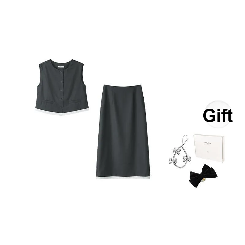 Fstudio Korean Style Versatile Elegance Crew Neck Color Block Fashion Skirt Set Women's-0