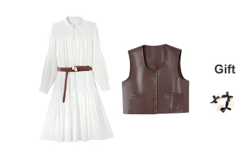 TURN UP Skirt Set Women's Long Coffee White Two Piece Set, Includes Belt+Bowknot Hair Tie Comes With