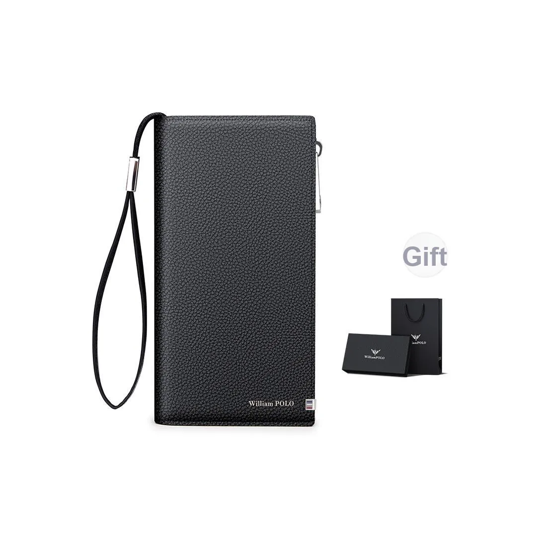 WilliamPOLO Коровья кожа Длинный Многофункциональный кошелек для монет на молнии Сумка Стандартная Мужская Черная