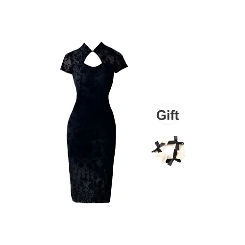 Черный + Бант Резинка для волос С подарками Женские Короткие Платья с короткими рукавами