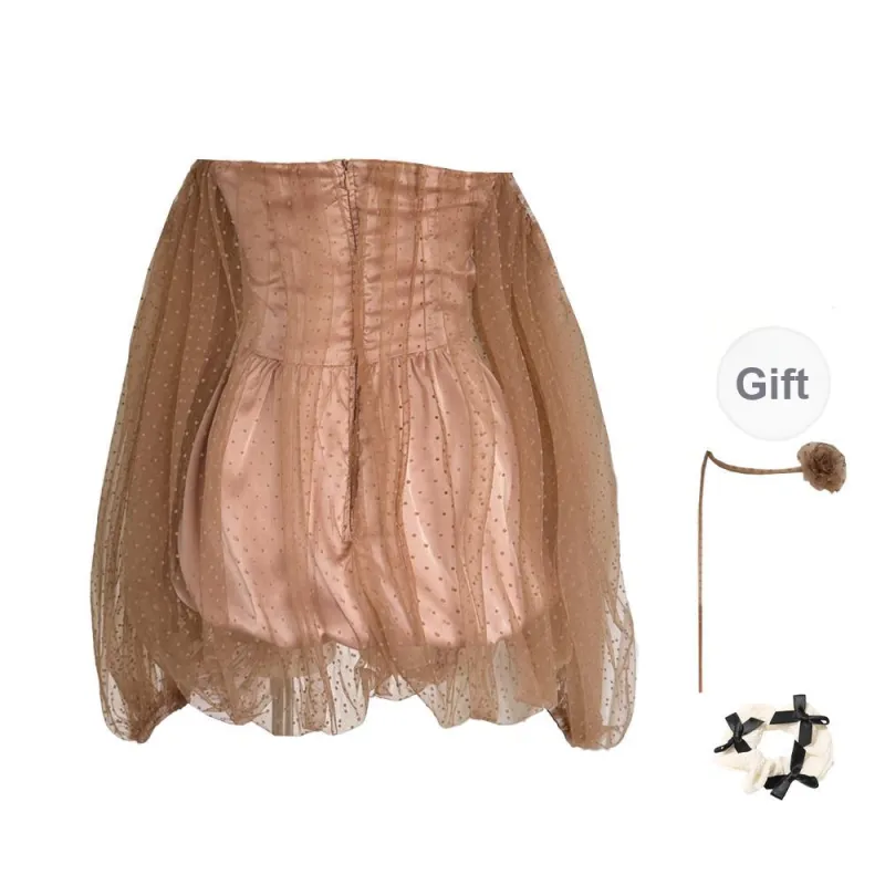 XUOIZA Long Sleeved Dresses Women's Milk Coffee+Lace Up Floral+Bowknot Hair Tie Comes With-1