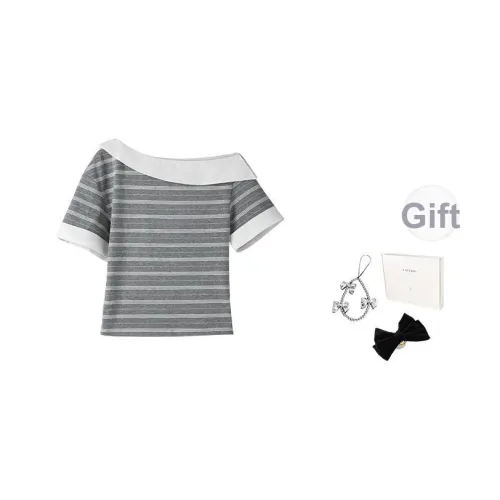 Fstudio Лето Petite Элегантность Stripes Асимметричный воротник Универсальный Off Плечо T Рубашка Женская