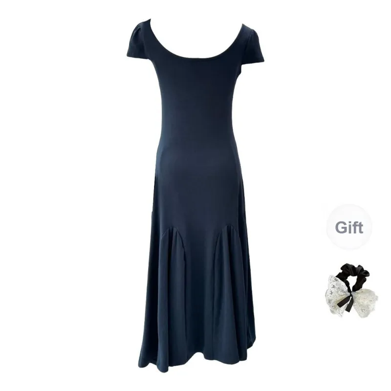 TUSHIFEI Short Sleeved Dress Women's Navy Blue+Hair Tie Comes With-1