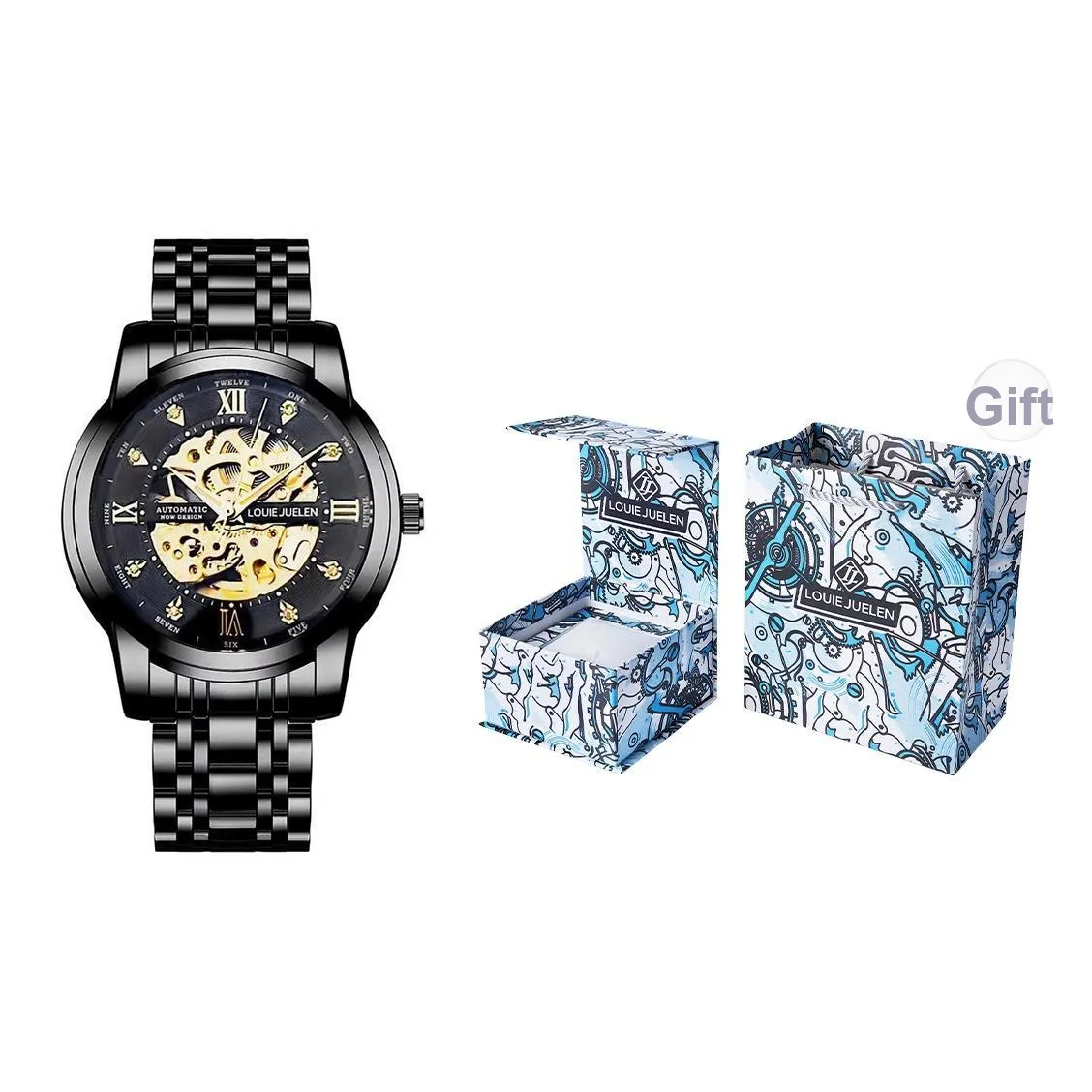 LOUIE JUELEN Автоматический механический механизм нержавеющая сталь ремешок мужские часы циферблат с открытым механизмом