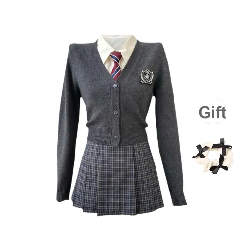 TURN UP Skirt Set Women's Gray White Three Piece Set+Bowknot Hair Tie Comes With