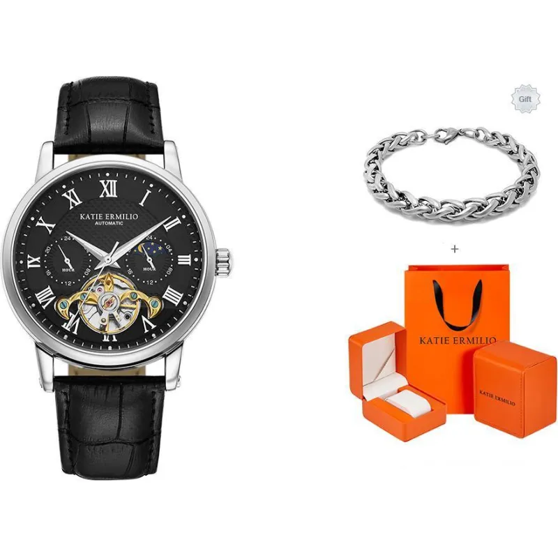 Katie Ermilio Wrist Watch Automatic Mechanical Movement Genuine Leather Strap White Dial Men's Watches-0