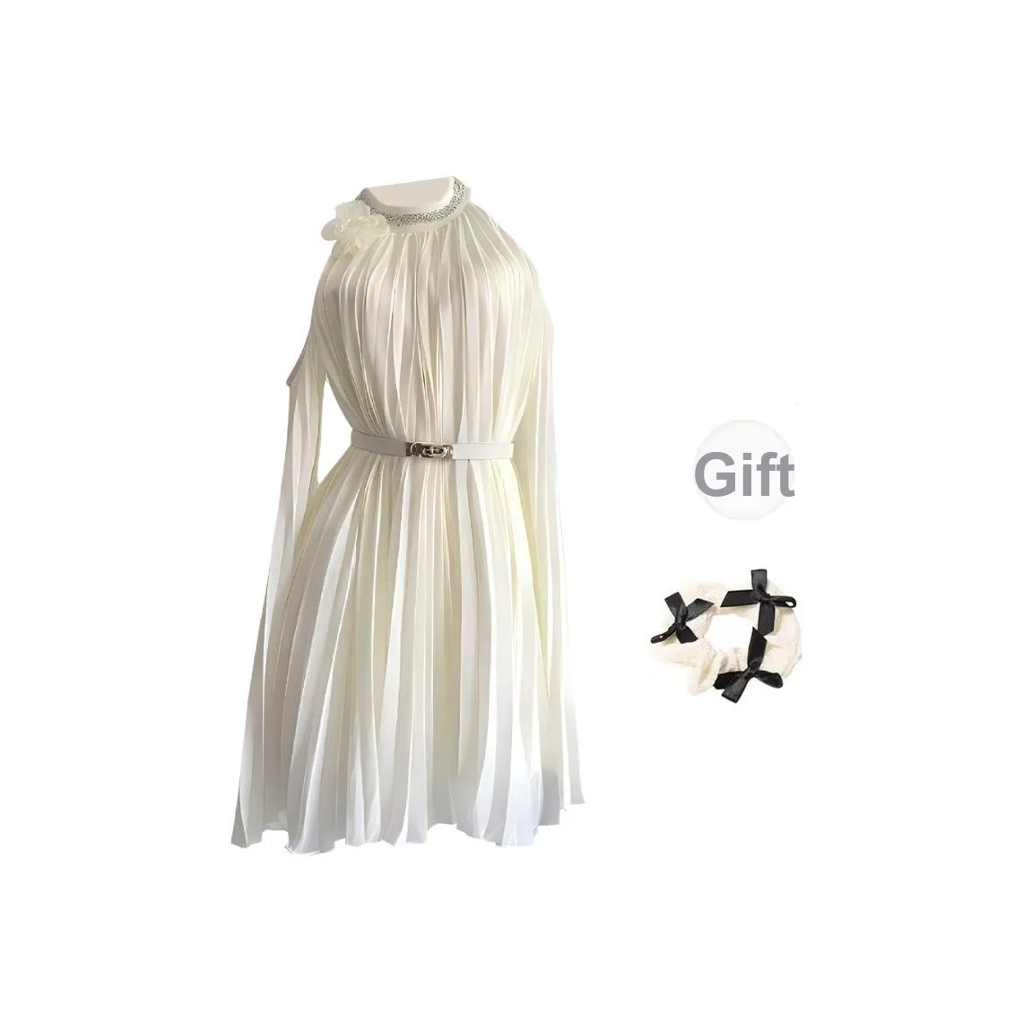 TURN UP Long Sleeved Dresses Women's Apricot Comes With Belt+Bowknot Hair Tie