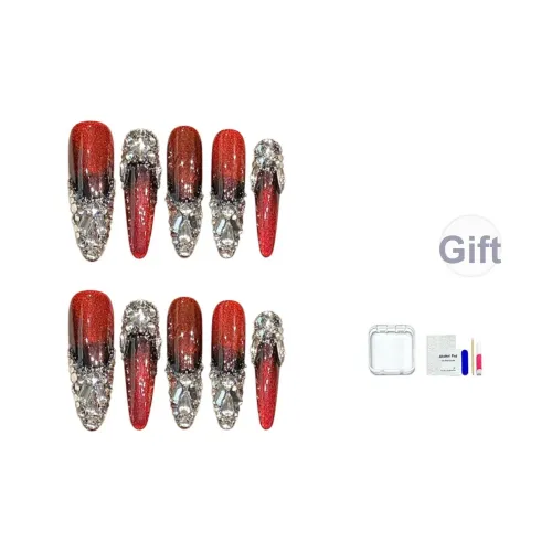 JINGCHANXUE Ручной работы Полностью украшенный горным хрусталем Тяжелый Бургунди False Nail Овал Роскошь Градиент Кошачий глаз 20 мм