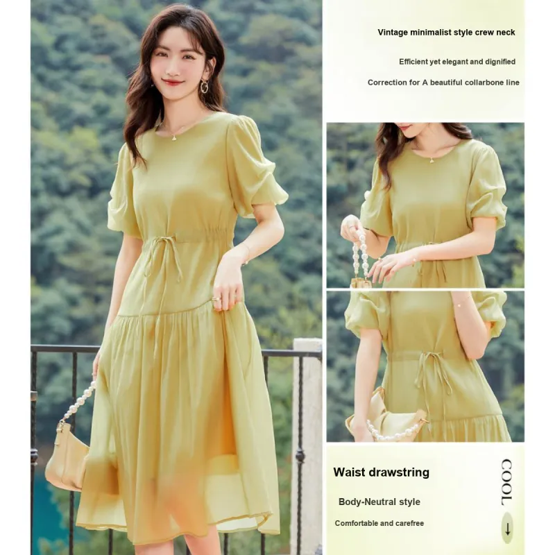 Like The Age Of Water Summer Short Sleeved Dress Regular Women's Yellow-1