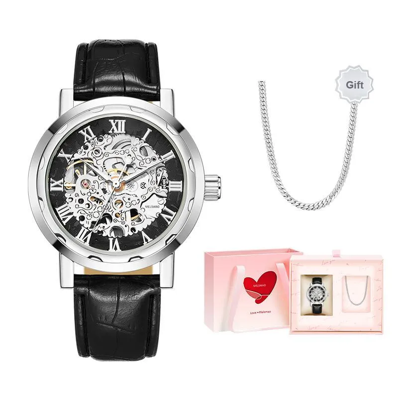 MELSMAO Semi-Automatic Wrist Watch Mechanical Movement Leather Watch Bands Watch Men's Watches Cut-Out Dial-0