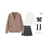 Brown Cardigan+White Long Dress with Cinched Waist+Dark Night Killer Short Skirt, Includes Bow Ties+Calf Socks+Hanger