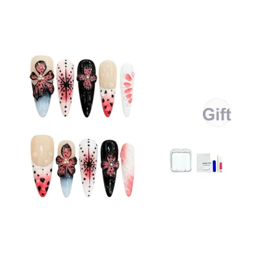 JINGCHANXUE [Полночь Призрачный] Ручной Разрисованный Человек Еда Цветочный Дизайн Фальшивый Ногтей Длинный Черно-розовый Градиентный Стиль Инстаграм 20мм