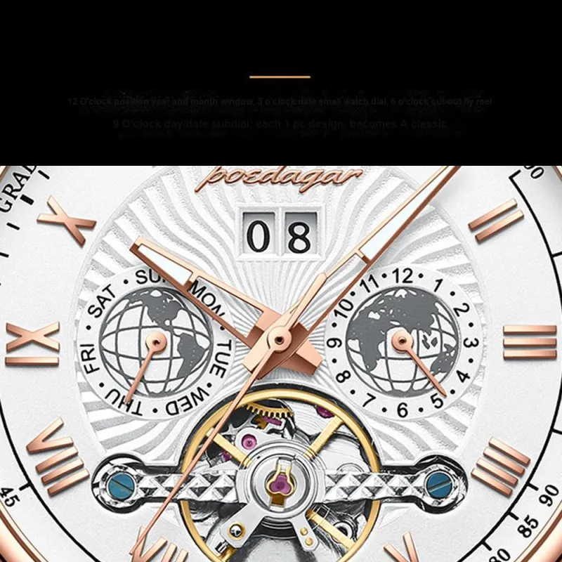 POEDAGAR Automatic Mechanical Movement Leather Strap Watch Men's Watches Gold Dial-23