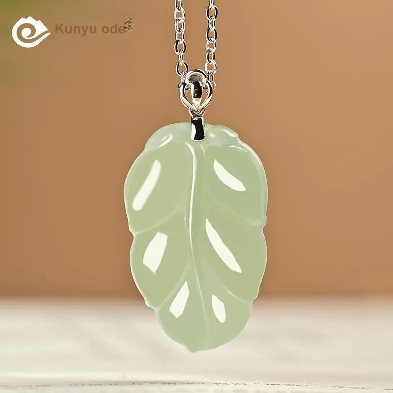 KUNYUYAO 18K Gold Inlaid Leaf Pendant Jade Pendant White Jade Unisex-5