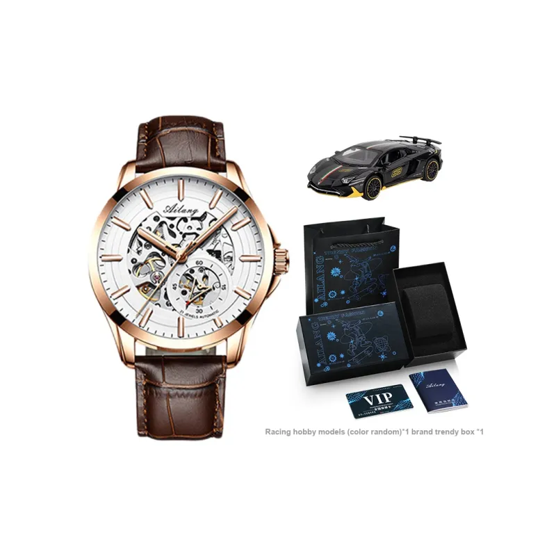 AILANG Automatic Mechanical Movement Genuine Leather Strap Watch Men's Watches White Dial-23
