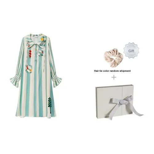 Sangluo Синие Белые Полоски с Принтом Женские Ночные Рубашки