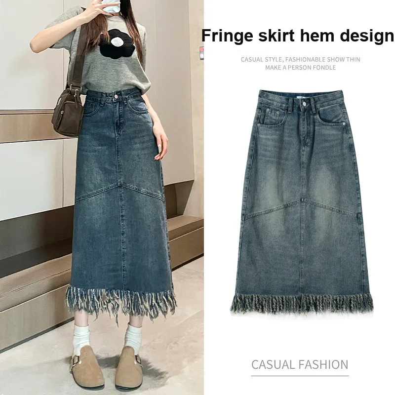FAWENXIANGZI Denim Long Skirt Women's Vintage Blue-3