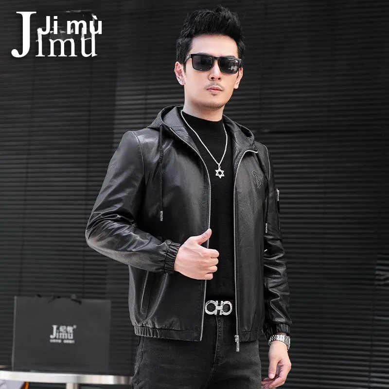 JIMU Haining Genuine Leather Jacket Men's Hooded Goatskin Jacket Slim Fit Cropped Motorcycle Jacket Trendy Coat Men's-2