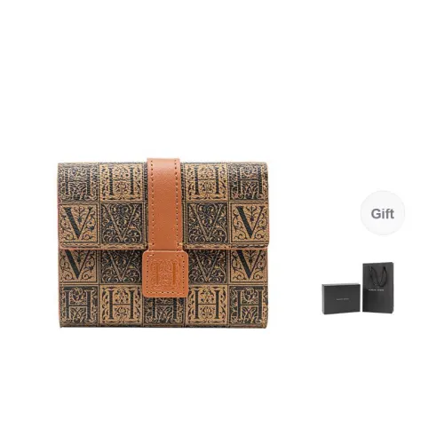 VANESSA HOGAN Cow Leather Clutch Coin Purse Money Clip Wallet Small Size Women's Green/Dark Brown Gray/Yellow Brown
