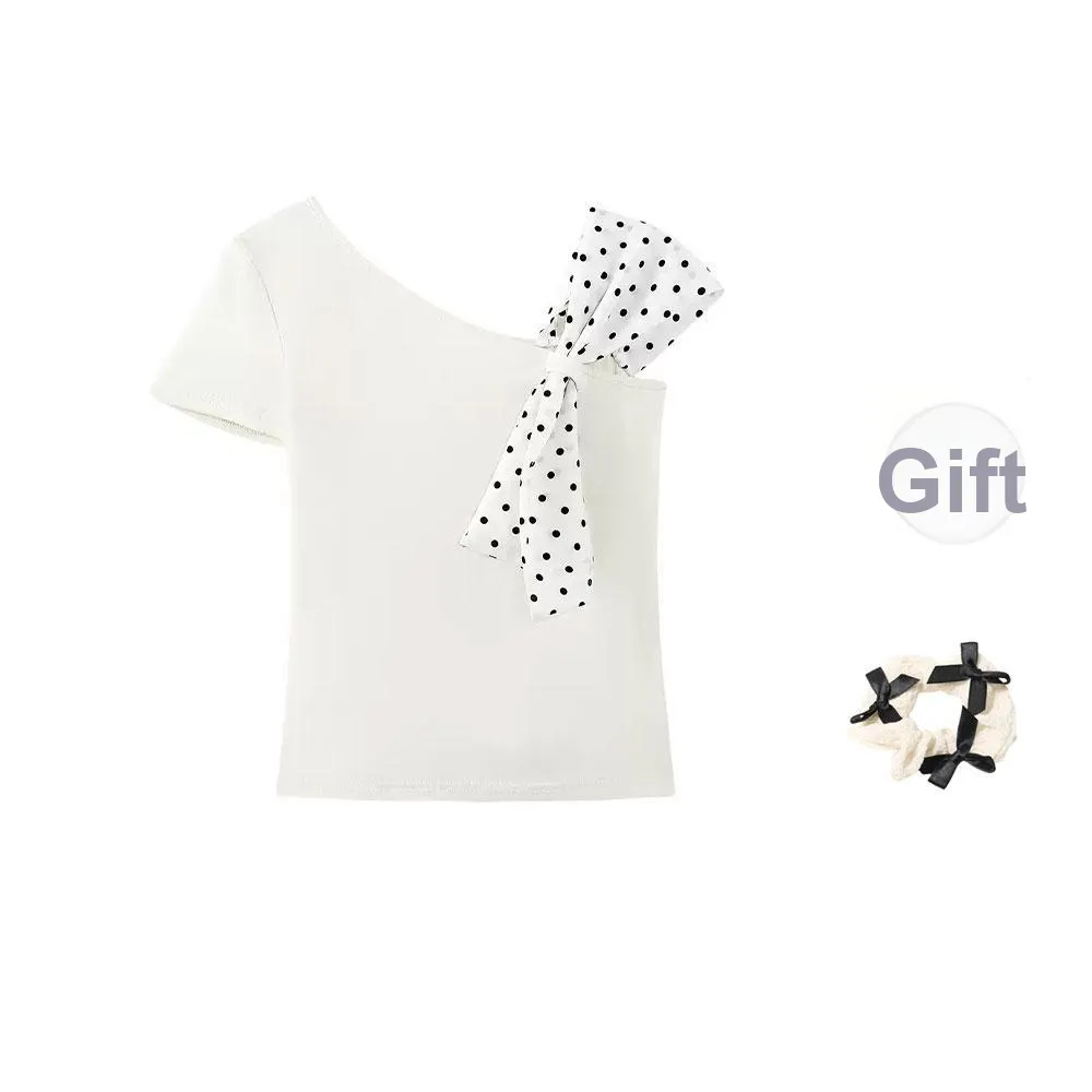 CPAURA T Shirts Women's White+Bowknot Hair Tie Comes With