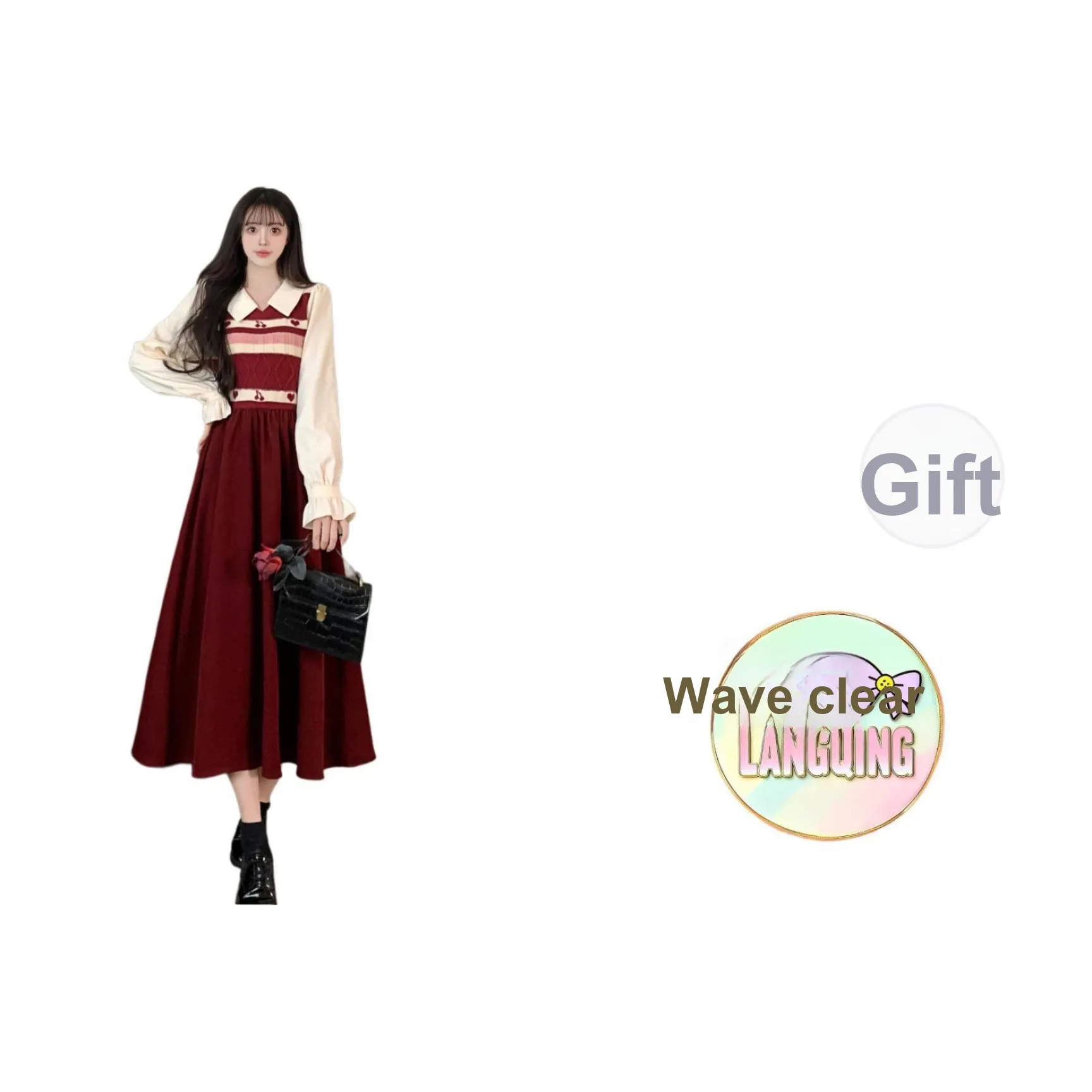 LANGQING Бургунди с брендом нарисованный женские длинные рукава платья