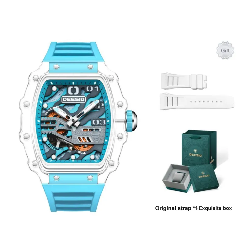 DEESIO Automatic Mechanical Movement Rubber Strap Watch Unisex Cut Out Dial-8