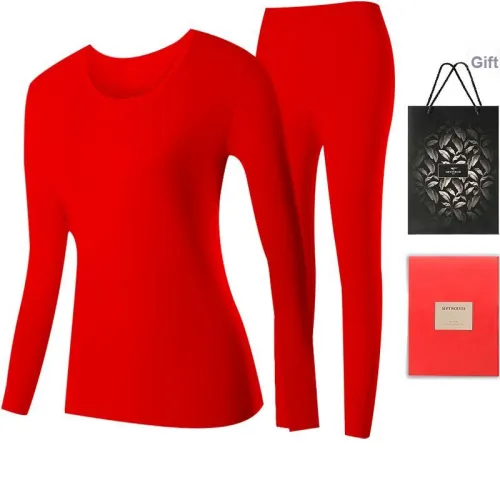 SEPTWOLVES Теплоизоляционный нижний комплект белья (топы + кальсоны) одежда, красный, 100% Хлопок, кожа, дружественный / 3A антибактериальный / кружевные отделки / круглый вырез / женские термокомплекты