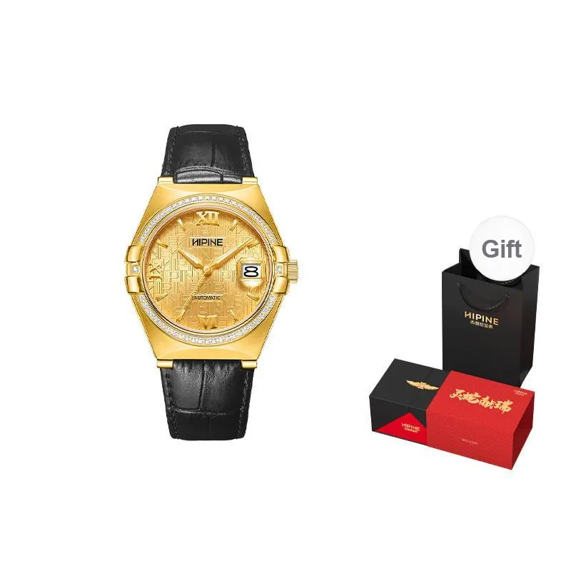 HIPINE WeiYi Series Transparent Cut Out Automatic Mechanical Movement Cow Leather Strap Watch Men's Watches Gold Dial-1