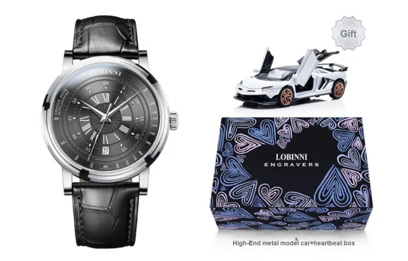 LOBINNI L Automatic Mechanical Movement Cowhide Strap Watch Men's Watches Black Dial-1