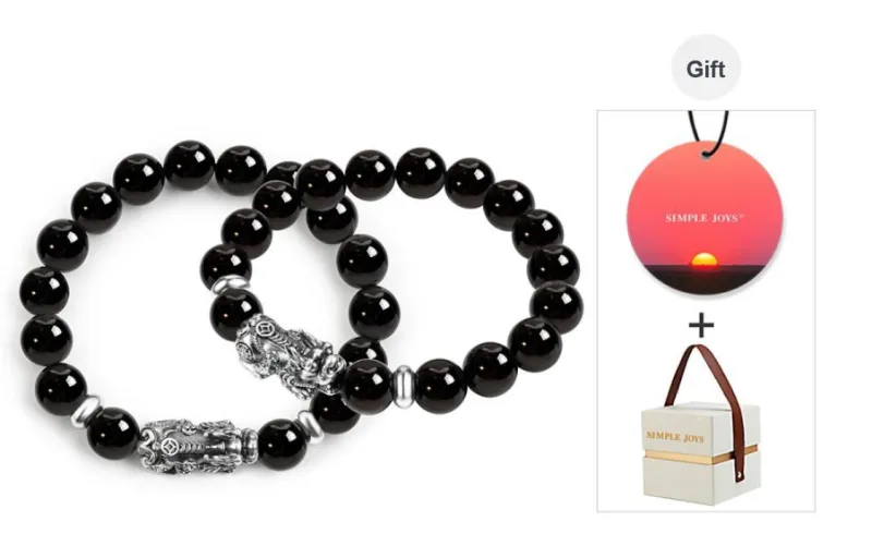 SIMPLE JOYS Obsidian 3D Sterling Silver Chinese Auspicious Animal Beaded Bracelet Unisex-9