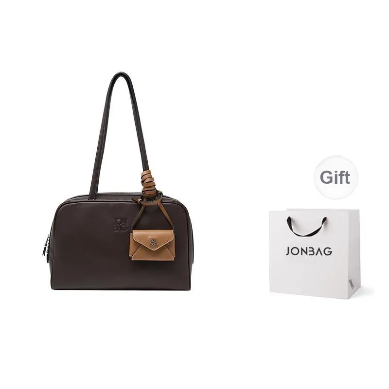 JONBAG Synthetic Leather Spring Charm Preppy Style Commute Shoulder Bag Large Size Women's Cream White/coffee Brown-6