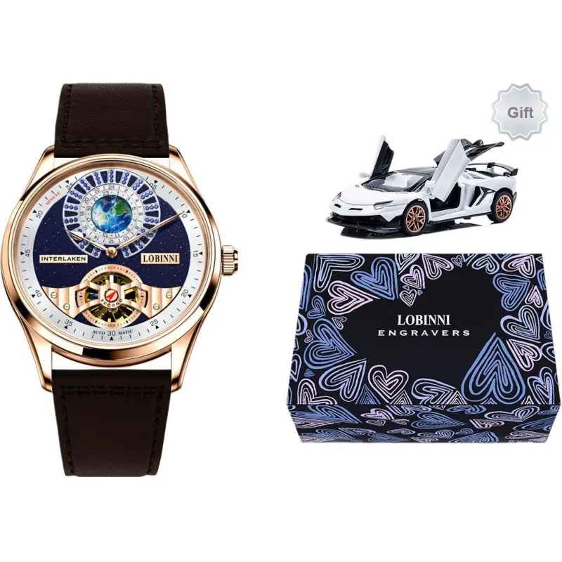 LOBINNI L Planet Watch Men's Automatic Mechanical Movement Cowhide Strap Watch Men's Watches Blue Dial-6