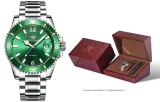 U9605G2 Silver Case with Green Dial, Steel Band [Luxury Redwood Box+Watch Bands]