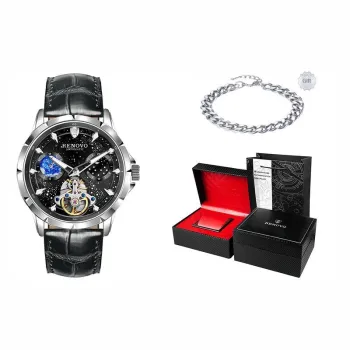 RENOVO Automatic Mechanical Movement Genuine Leather Strap Watch Men's Watches Blue Dial
