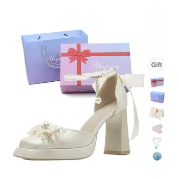 Take The Qin Chunky Heel High Heels 8cm Women's Ecru Gift Box Set