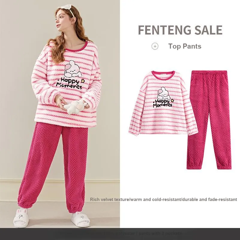 FENTENG Brown Bear Pajama Set Women's Peach Pink Stripe-2