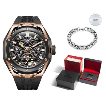 GELATU Automatic Mechanical Movement Silicone Strap Men's Watches Black Dial