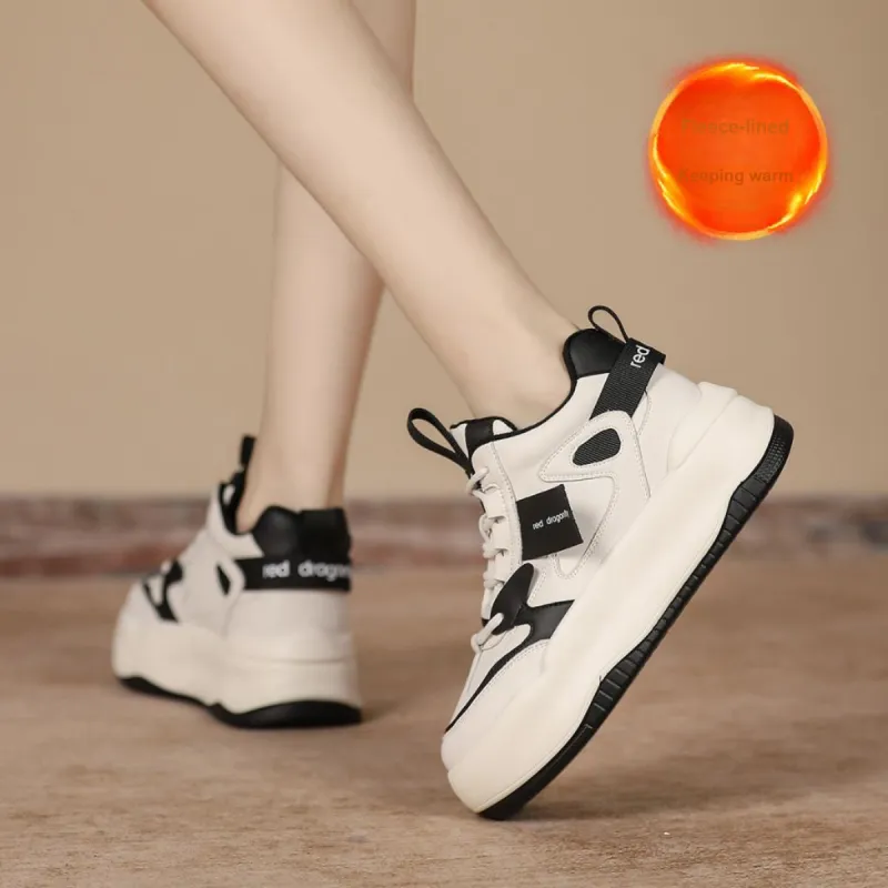 RED DRAGONFLY Platform Shoes Warm Height Increasing Mid-Top Casual Shoes Women's White Black White Brown-16